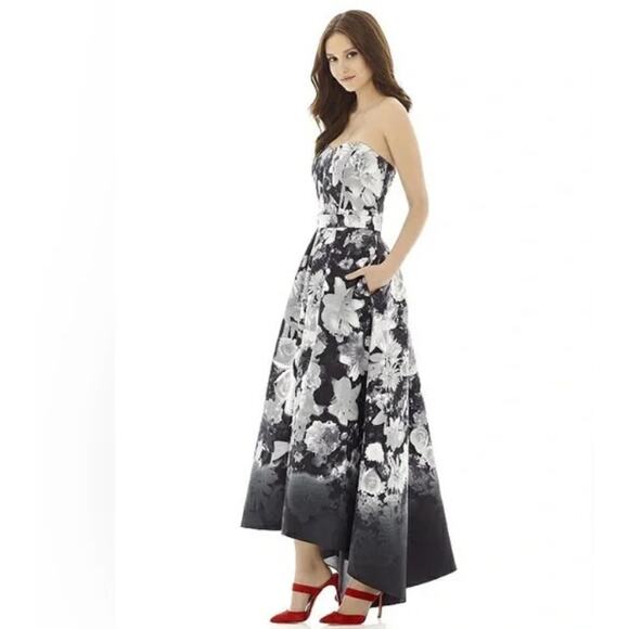 Alfred Sung High Low Bohemian Floral Print Strapless Gown Bridesmaid Size 0 - Picture 1 of 10